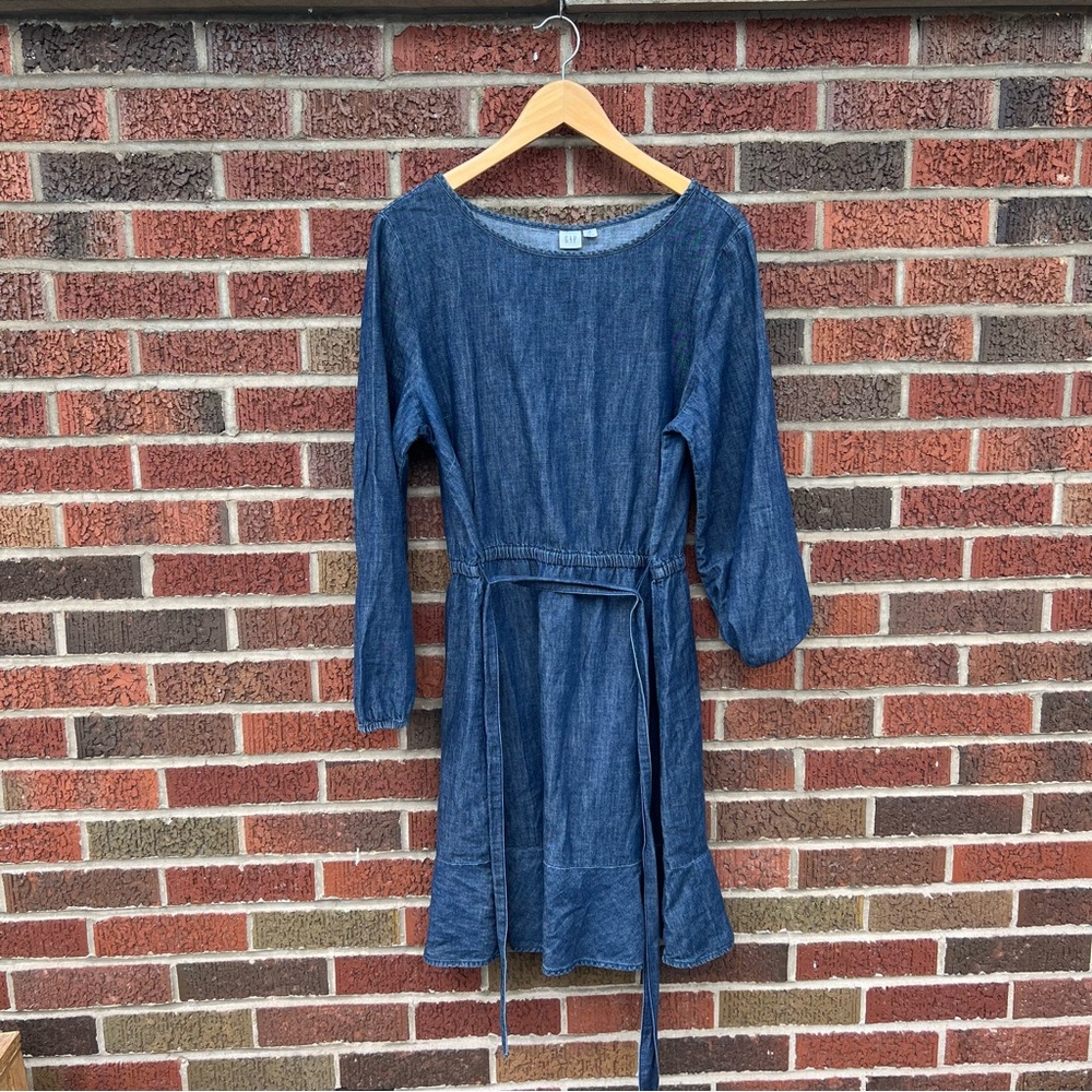 GAP Navy Blue Denim Chambray Long Sleeve Belted Boat Neck Ruffle Hem Dress